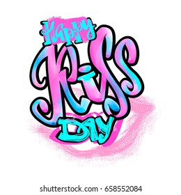 Happy kiss day calligraphic lettering poster.Modern dry brush ink artistic print. Handdrawn trendy design with authentic and unique scrapes, watercolor blotted background.