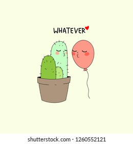happy kissing balloon and cactus,beautiful childish simple retro trendy art for st. valentine or wedding card, summer teenager female clothes, mugs, wall art,posters,stickers,sweatshirts, hoodies etc.