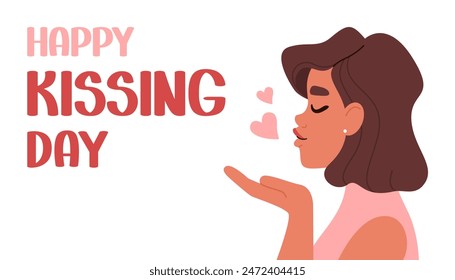 Happy kissing day. Woman sending air kiss. Vector celebration banner on white background.