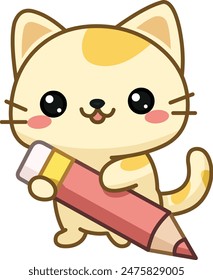 Happy kitten cat holding a big pencil