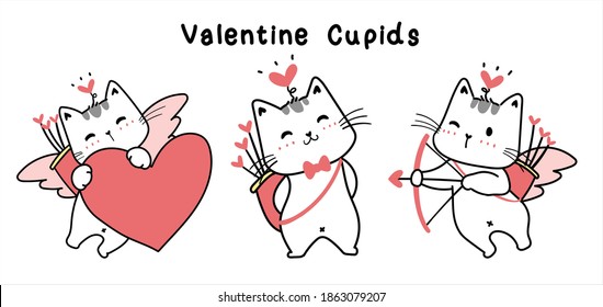 Happy Kitten Cat Valentine Cupid Cartoon Set, Cartoon Doodle Drawing Style