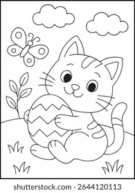 "Gatinho feliz com ovo de Páscoa - preto e branco impresso Planilha educacional para crianças