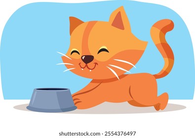 
Happy Kitten Eating Cat Food Vector Cartoon Mascot Design. Cheerful cat being taken care of and fed at home 
