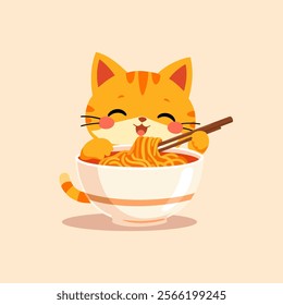 Happy kitten eating japanese noodle with sticks. Vector isolated illustration in kawaii style.