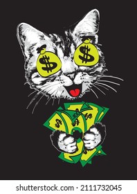 Happy kitten face with money in paws and symbol dollars in eyes. Vector illustration.