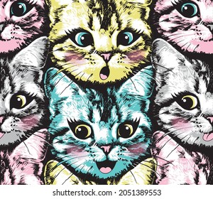 Happy kitten faces with crazy colors seamless pattern. Vector illustration.