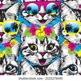 Happy kitten faces with flowers and sunglasses with palms seamless pattern. Vector illustration.