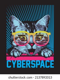 Happy kitten faces with glasses and text cyberspace. Vector illustration.