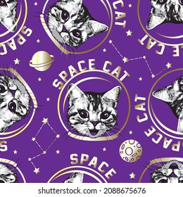 Happy kitten faces with helmet from a spacesuit seamless pattern .Vector illustration.
