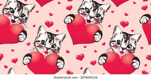 Happy kitten faces with red heart red heart. Valentine’s Day vector illustration.