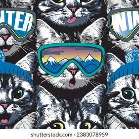 Happy kitten faces in ski goggles.  Seamless pattern. Winte vector illustration.