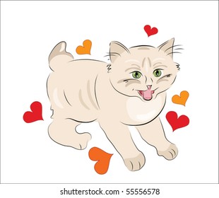 happy  kitten and hearts