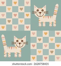 Gelukkige kitten met harten en controles in gedempte boho grijze aarde tonen voor baby jongens patchwork