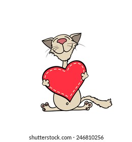 happy kitten hugging a red heart