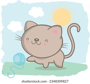 Happy kitten kawaii drawing with little mouse clouds and rainbow