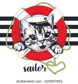 Happy kitten looks out of  lifebuoy. Marine vector illustration.