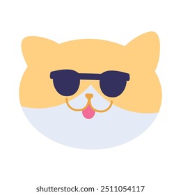 Happy kitten pet. Face of trendy smiling cat in glasses. Image for design of pet store or veterinary clinic. Simple flat vector isolated on white background