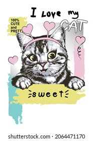 Happy Kitten Portrait With Slogan. Colour Block Print For T Shirt. Vector Illustration