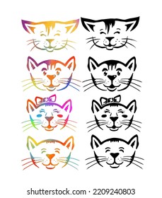 happy kitten set. Cheerful colored face of a cat. Vector illustration