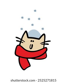 Happy kitten in a warm red scarf looks at the snowfall. Vector winter illustration of snowflakes and  pet cat. Isolated hand drawn character on white background.