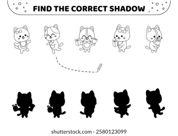 Happy  kittens. Black and white. Find the correct shadow. Shadow matching game. Isolated vector illustration eps 10