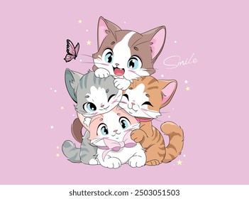 happy kittens, butterflies and stars, vector. Design to print on a shirt, poster, banner, dedications. Lovely print for t-shirt