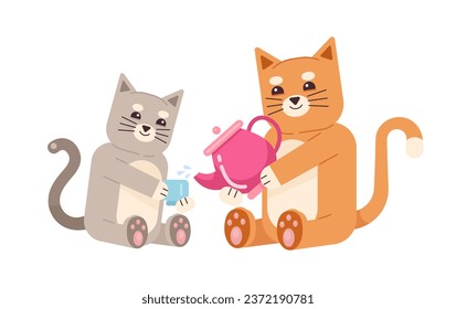 Happy kittens sitting semi flat color vector characters. Tea ceremony. Teapot and cup. Smiling pets. Editable full body animal on white. Simple cartoon spot illustration for web graphic design