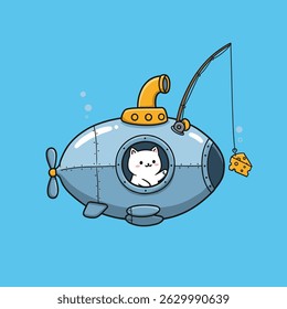 Happy kitty fishing in small pond, peaceful cartoon