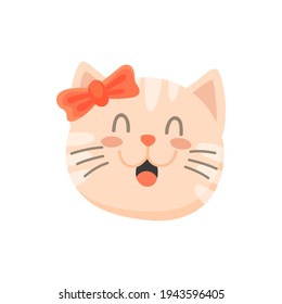 Feliz gatita con la cabeza inclinada aislada lindo retrato de gatito rosado. Gata hembra vectora con boca abierta, felino felino felino mascota. Feliz emoticono, gato de buen humor, gatito hocico emoticono pegatina