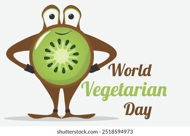 Happy kiwi character. Fruit kiwi mascot. Vegetarian day poster or banner