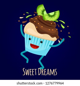 Happy kiwi cupcake with choco splashes - bakery card vector design. Illustration of dessert cupcake with chocolate