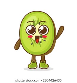 A happy kiwi waving its hands. Cute funny kiwi fruit waving hand character