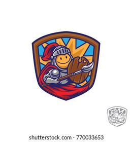 Happy knight wearing armour and wooden shield.