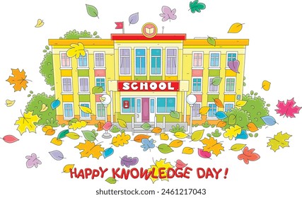 Happy knowledge day card with a pretty school among flying and falling colorful autumn leaves on the first of September, vector cartoon illustration on a white background