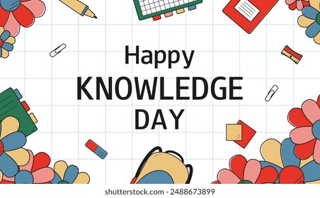 Happy Knowledge Day in doodle style. 1st september. Horizontal banner, greeting card, poster. Hand drawn background for school. 