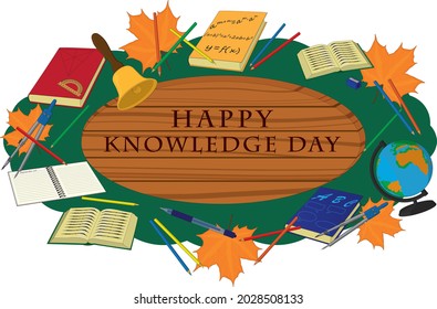 Happy knowledge day wooden signboard decorated with school supplies vector illustration