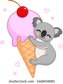 Feliz oso koala con helado grande. Vector aislado en blanco