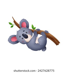 Feliz oso koala personaje de dibujos animados colgado en el árbol. Australia oso de la selva personaje cómico, zoológico animal lindo mascota o koala infantil aislado personaje vector trepando en el árbol