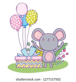 happy koala birthday with balloons and present gift