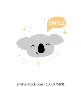 Happy Koala Face with text. Hand-drawn cartoon illustration. Vector. Good for children's games, t-shirt, books, banners or cards.
