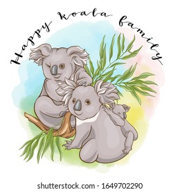 Happy koala family. Clip art, template design, good for the printing on cover of a notebook, tablet, phone. Colored vector illustration..