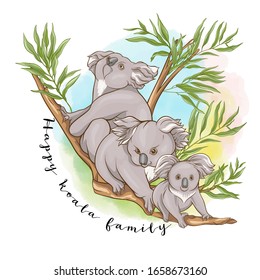 Happy koala family. Clip art, template design, good for the printing on cover of a notebook, tablet, phone. Colored vector illustration..