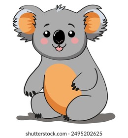 A happy koala on a white background. Cartoon, doodle. A character, a flat illustration. Vector print for children's clothing, textiles, packaging, paper, tee print, children's room decoration.