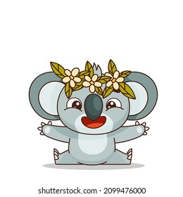 Happy koala sitting with his hands up. Cute character with flowers on his head. Postcard in children's cartoon style. Vector illustration for designs, prints and patterns.