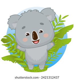 A happy koala stands in the leaves with its paws open for a hug. Koala in kawaii style. Kawaii style. Vector illustration of drawings, prints and patterns. Isolated on white background