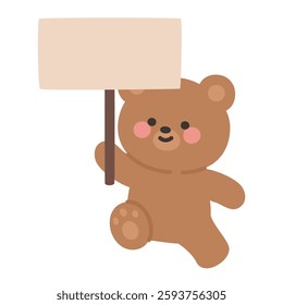 Happy Korean Bear Running With a Blank Wooden Sign Vector Illustration