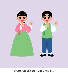 happy Korean children wear traditional hanbok costume for chusoek day, smile man and woman cartoon character presenting, pointing finger up illustration