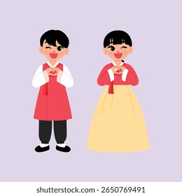 happy Korean children wear traditional hanbok costume for chusoek day, smile man and woman cartoon character making heart hand illustration