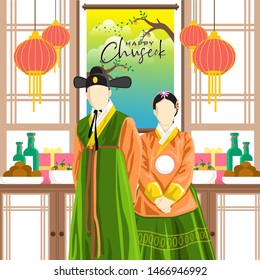 Happy Korean Chuseok Vector with Man and Woman wear Traditional Korean Cloth or Hanbook. Chuseok or Hangawi is  mean a traditional Full Moon Harvest Celebration Holiday.