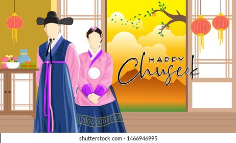 Happy Korean Chuseok Vektor mit Mann und Frau tragen Traditional Korean Tuch oder Hanbook. Chuseok oder Hangawi ist ein traditioneller Vollmond-Erntefeiertag.